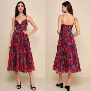 Lulus Sincerely Gorgeous Black Multi Floral Pleated Midi Dress XL Wedding Party